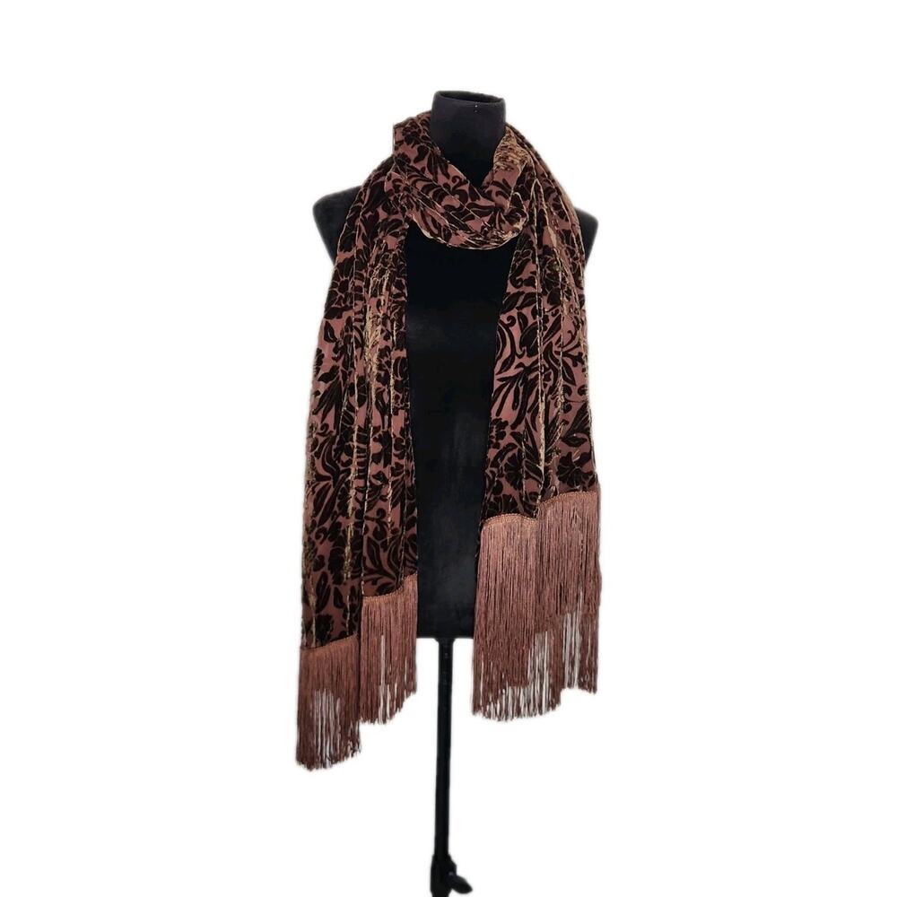 Vintage Brown Floral Velvet Burnout Large Rectangle Scarf w/Fringe Witchy Goth